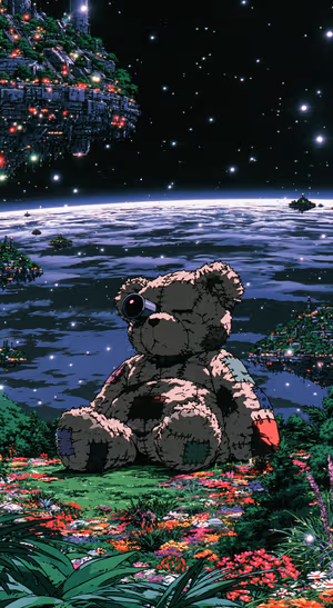 Anime space teddy bear centered on a green, violet, and black background in a retro futurist aesthetic.