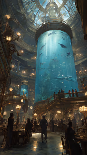 Cinematic art deco aquarium atrium centered on blue gold background with manta rays and sharks in ultra hd.