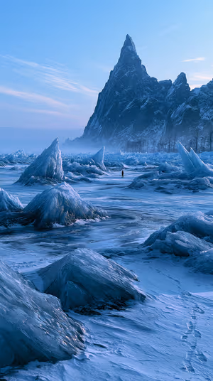 Cinematic frozen peaks and ice spires with a solitary figure on a cool blue frozen shore ultra hd 8K background.