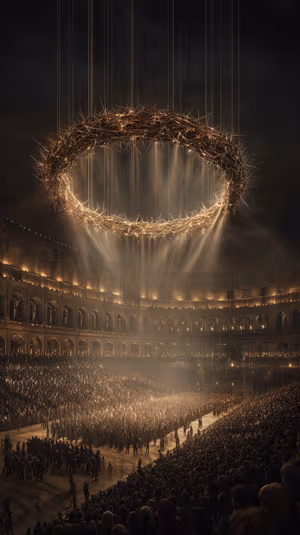 Cinematic coliseum scene with a suspended crown like halo centered on a golden lit background, ultra HD 8K mobile image.