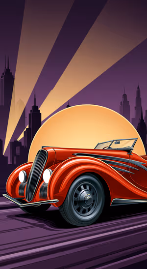 Art Deco classic roadster in red on a purple and gold vintage city background