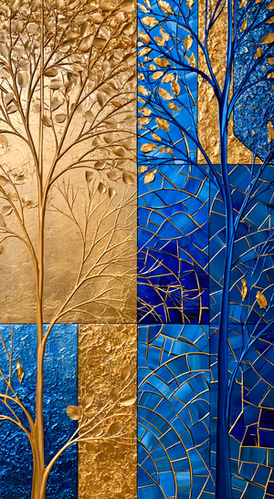 Art Deco tree branches on a blue and gold background in a geometric Art Deco aesthetic.