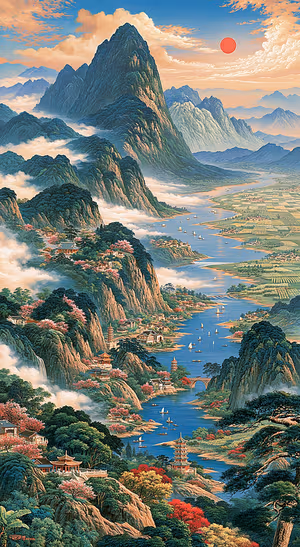 Traditional Asian mountain landscape painting with blue and peach tones, river valley, pagodas, and a red sun.