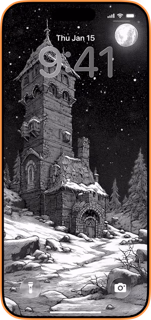 Wallpaper preview on iPhone 17 Pro Max running iOS 26 - Moonlit Gothic Tower