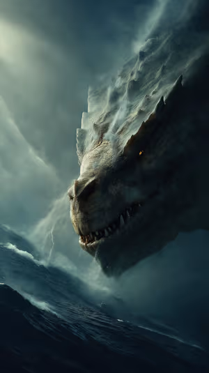 Dark fantasy sea monster emerging from stormy dark ocean with lightning lit scales ultra hd 8K mobile background