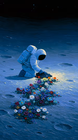 Painterly astronaut kneeling on a blue lunar surface planting a colorful flower trail in a surreal space scene.