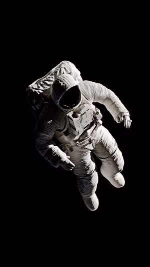 Photorealistic astronaut centered on a deep black background in a monochrome space aesthetic, ultra hd image.