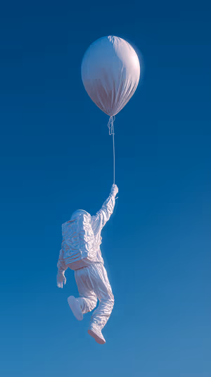 Minimalist surreal astronaut with balloon on deep blue sky ultra HD 8K mobile background.