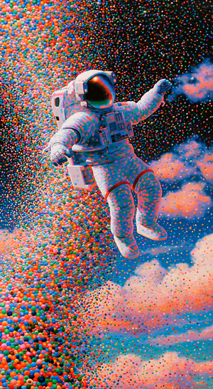 Pop art astronaut centered on a colorful cosmic bead background in a vibrant space aesthetic.