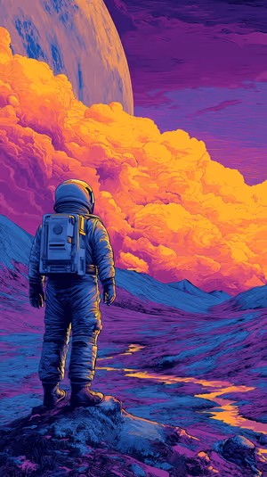 Surreal neon astronaut centered on a purple orange cosmic background in a cinematic illustration, ultra HD.