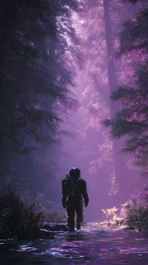 Surreal sci fi astronaut in a glowing purple forest with reflective stream ultra HD 8K mobile background