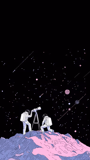 Pastel cosmic art: two astronauts stargazing on a pink and blue lunar surface in a dreamy aesthetic, ultra HD 8K background.