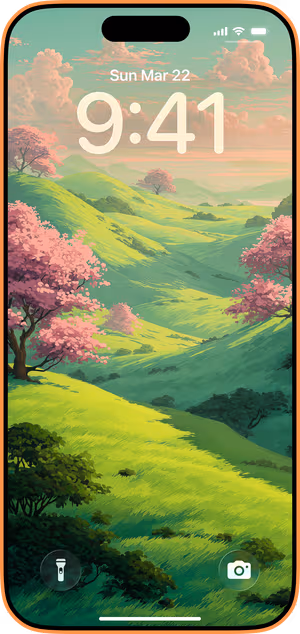 Wallpaper preview on iPhone 17 Pro Max running iOS 26 - Cherry Blossom Hills