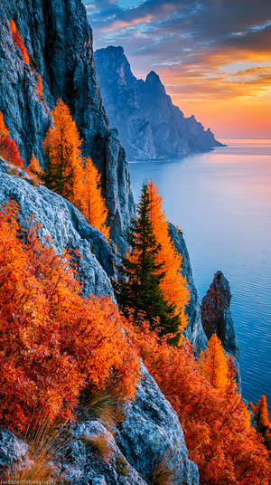 Cinematic autumn cliff coastline with vivid orange larch and teal blue sea, ultra HD 8K background for iPhone