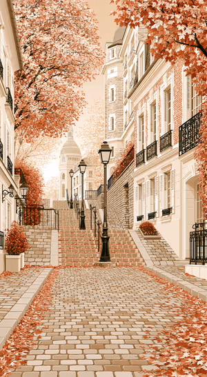 Vintage European street with rust autumn trees on a warm beige background in a detailed illustrated aesthetic.