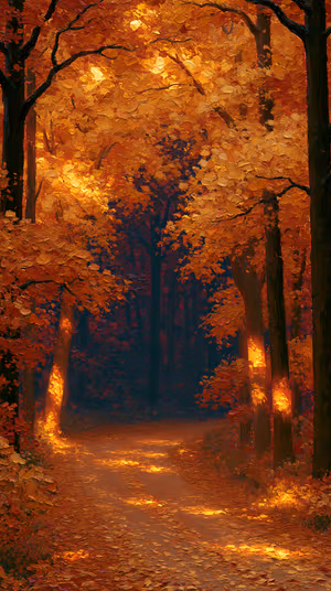 Painterly autumn forest path in amber and gold tones with dappled light and leaf covered trail ultra hd background