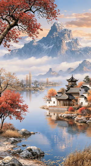 Painterly autumn mountain landscape with red maple leaves, a blue lake, and Chinese pavilion in warm tones.