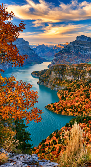 Scenic autumn mountain lake with turquoise water, orange foliage, and blue sky in a dramatic landscape aesthetic.