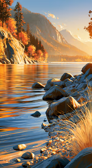 Painterly mountain lake landscape on a golden orange background in an autumn art aesthetic