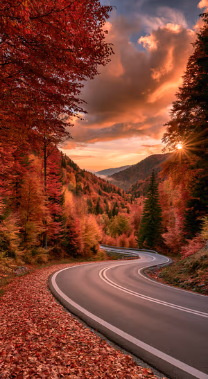 Scenic mountain road framed by red autumn forest in a warm sunset aesthetic.