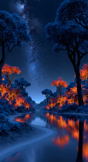 Nocturnal forest river beneath a blue starry sky with glowing orange autumn trees.