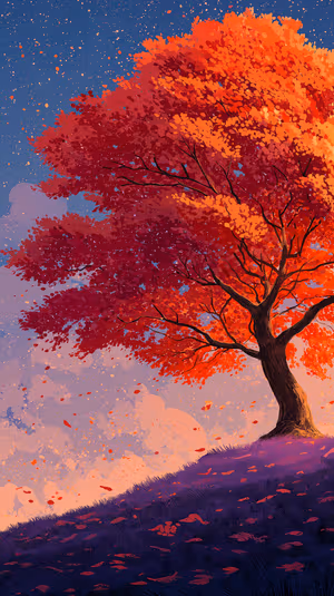 Painterly autumn tree on a purple hill with red orange leaves beneath a starry twilight sky ultra HD 8K image.