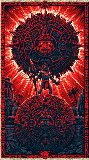 Mythic illustrative Aztec sunstone and warrior centered on a red black background in dramatic poster art aesthetic, ultra hd 8K