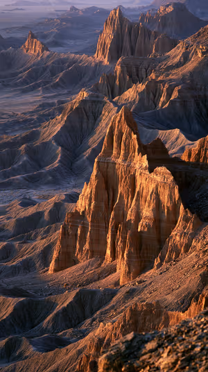 Cinematic desert badlands spires centered on amber and slate blue background in a rugged, ultra HD aesthetic