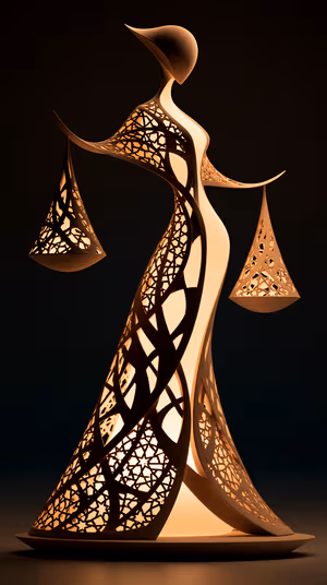 Abstract sculptural balance figure with intricate filigree scales on a warm gold and amber background, ultra hd wallpaper