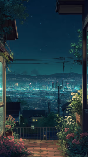 Anime night balcony city view centered on a teal green skyline with flowering foreground ultra HD 8K background