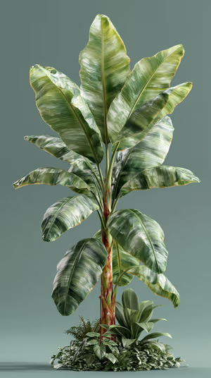 Photoreal botanical banana plant centered on a sage green background in a minimalist studio aesthetic, ultra HD image