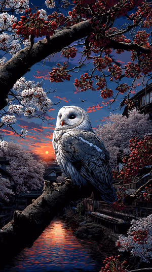 Cinematic barn owl perched among cherry blossoms on a blue orange sunset background ultra HD phone background