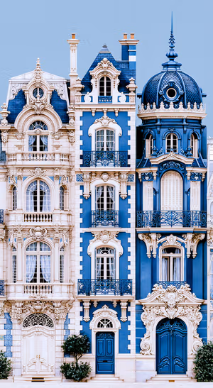 Baroque architecture in blue and white tones with ornate facades and a domed roof
