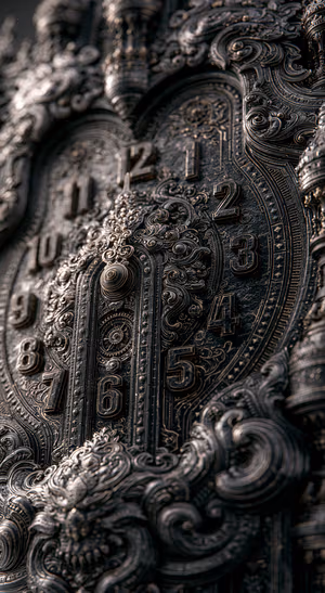 Baroque engraved clock dial centered on a dark bronze background in an ornate metallic aesthetic, ultra HD image