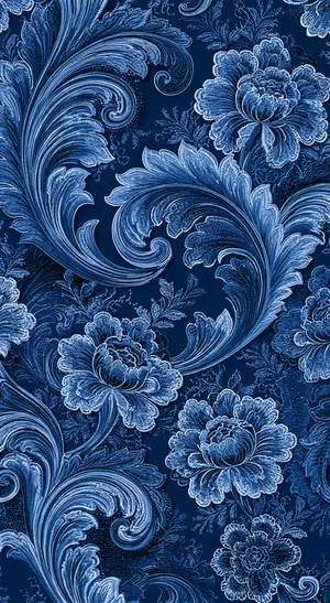 Baroque floral damask pattern in navy blue and silver tones with ornate scrolling foliage
