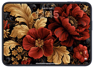 Wallpaper preview on iPhone 17 Pro Max running iOS 26 - Crimson Gilded Baroque Blooms