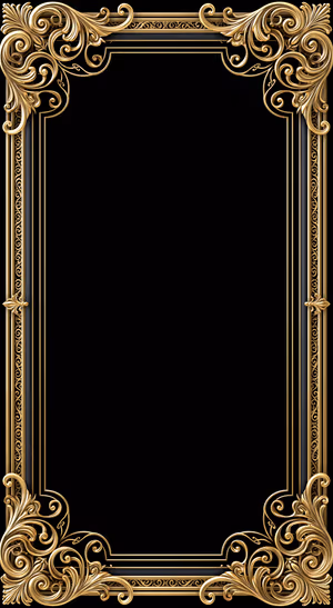 Baroque gold frame centered on a black background in ornate classical aesthetic.