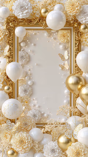 Baroque floral frame with gold balloons, pearls and butterflies on an ivory gold background, ultra HD 8K.
