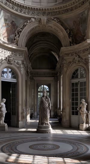 Baroque palace interior with a central statue, gray stone details, and a marble floor in a classical aesthetic.