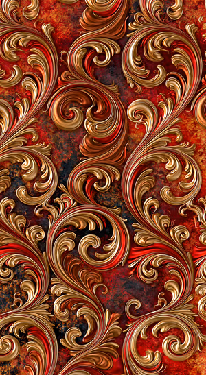 Ornate baroque swirls centered on a red and gold background in a vintage aesthetic.