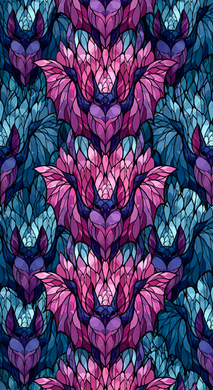 Stained glass bat motif on purple and teal mosaic background in vibrant geometric aesthetic, ultra HD 8K background