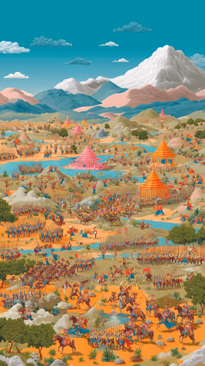 Illustrated battle scene centered on a teal background in vivid cinematic aesthetic, ultra HD 8K image.