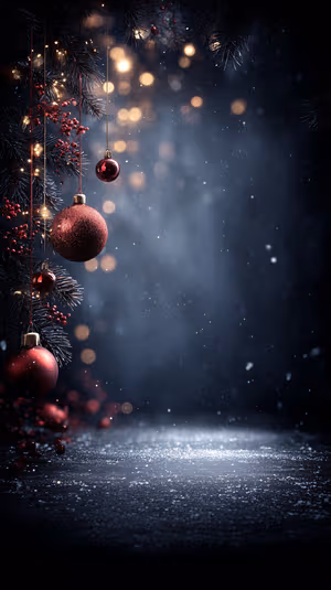 Moody holiday baubles and frosted pine centered on a deep red background in an elegant, dark festive aesthetic ultra hd
