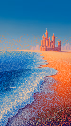 Pointillist beach castle centered on blue and orange seaside background with dotted texture, ultra HD image