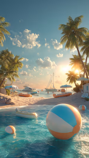Sunlit photoreal beach scene with oversized beach ball and palm trees in turquoise and coral tones ultra hd background