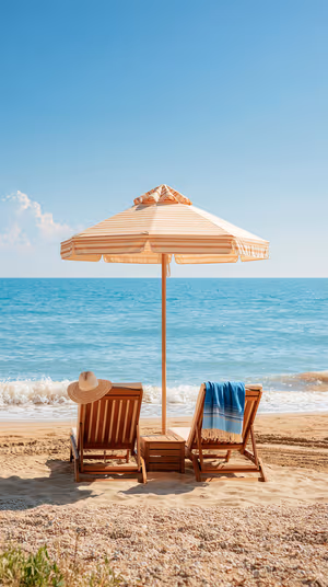 Minimalist beach umbrella and lounge chairs centered on blue ocean and sand background in a serene summer aesthetic, ultra HD