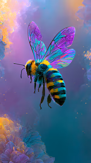 Iridescent macro bee with glowing purple and teal wings against a soft floral bokeh background ultra HD phone background.