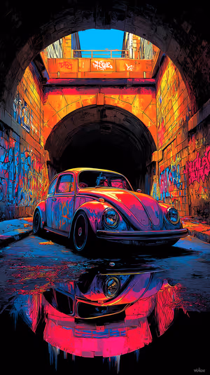 Stylized neon illustration of a vintage Beetle centered on a neon pink & blue graffiti tunnel background ultra hd phone background.