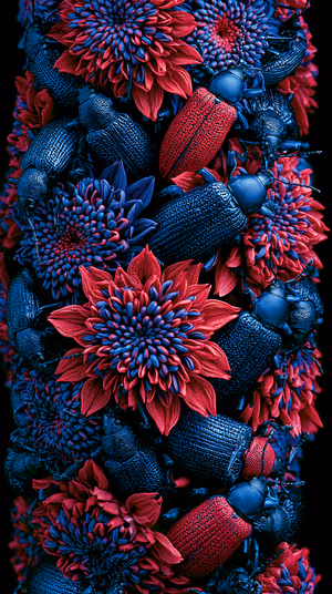 Macro surreal beetles and flowers centered on a red and cobalt blue background in a moody, textured aesthetic (Ultra HD).