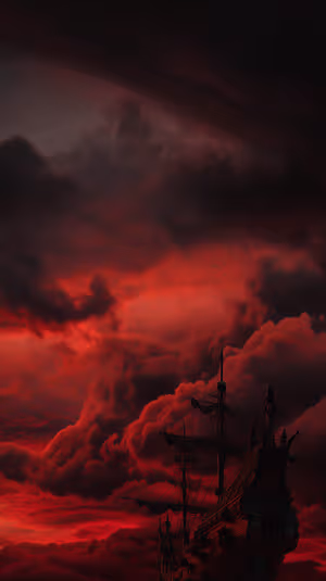 Cinematic gothic pirate ship silhouette centered on a deep crimson storm sky ultra HD 8K phone background.